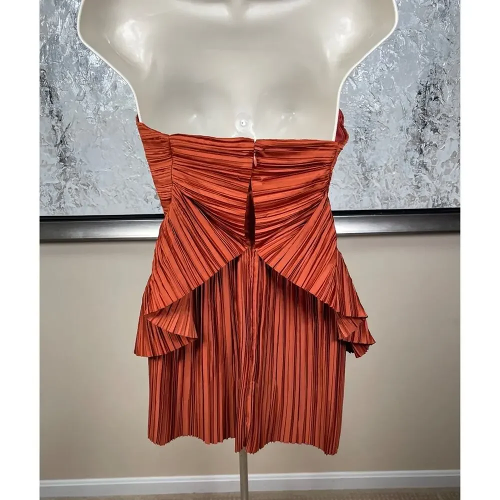 CULT GAIA Charlique Ruched Pleated Strapless Peplum Brown Mini Dress Size 2 - Picture 11 of 13